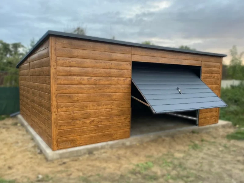 Mobilgarázs 6x5m Aranytölgy / RAL 7016 Antracit | Cserepeslemez | Széles panel | Erősített szerkezet