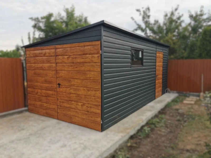 Mobilgarázs 3x5m RAL 7016 Antracit / Aranytölgy | Oldalra lejtő | Bukóablak | Erősített szerkezet