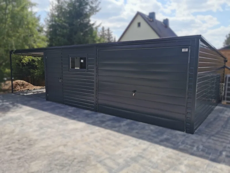 Oldaltetős Mobilgarázs 9x5m RAL 7016 Antracit | Billenőkapu | 4x Ablak és 2x Személybejáró | Erősített szerkezet