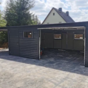 Oldaltetős Mobilgarázs 9x5m RAL 7016 Antracit | Billenőkapu | 4x Ablak és 2x Személybejáró | Erősített szerkezet