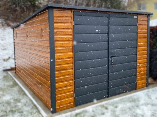 Kerti tároló 3x5 m Aranytölgy / RAL 7016 Antracit | 6x Szellőző és Ereszcsatorna | Erősített szerkezet