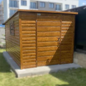 Kerti tároló 2x4 m Aranytölgy | Keskeny front 2m | Filc, Ereszcsatorna és Ablak | Erősített szerkezet
