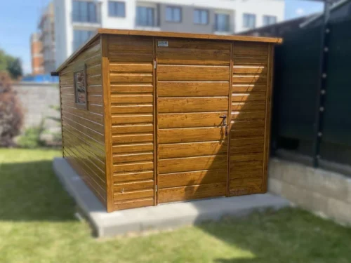 Kerti tároló 2x4 m Aranytölgy | Keskeny front 2m | Filc, Ereszcsatorna és Ablak | Erősített szerkezet
