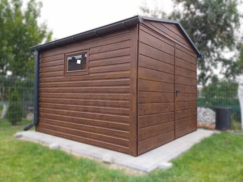 Kerti tároló 3x3 m Dió | Elülső kapu 3m | Nyeregtető | Erősített szerkezet