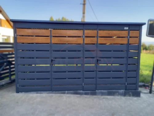 Kukatároló 4,00x1,00 m RAL 7016 Antracit Aranytölgy lamellákkal | Ajtó 2×2 m + 1×2 m | Erősített szerkezet