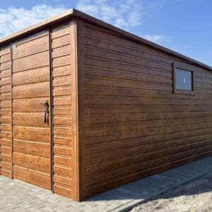 D218_1 Kerti tároló 2×3,5 m Aranytölgy | Keskeny front 2m | Ereszcsatorna és Ablak | Erősített szerkezet