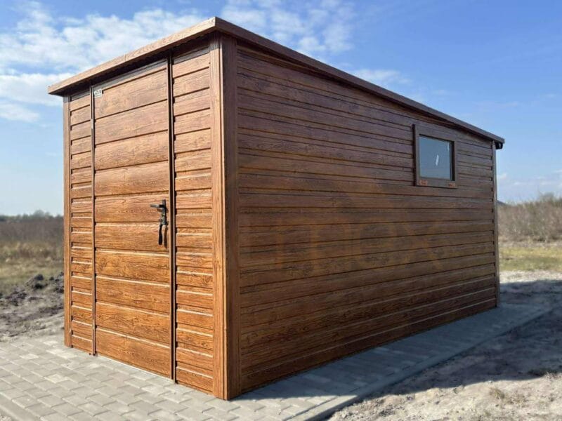D218_1 Kerti tároló 2×3,5 m Aranytölgy | Keskeny front 2m | Ereszcsatorna és Ablak | Erősített szerkezet