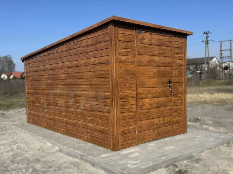 D218_2 Kerti tároló 2×3,5 m Aranytölgy | Keskeny front 2m | Ereszcsatorna és Ablak | Erősített szerkezet