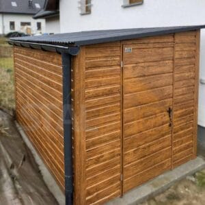 D219_2 Kerti tároló 2×4 m Aranytölgy | Keskeny front 2m | Ereszcsatorna | Erősített szerkezet